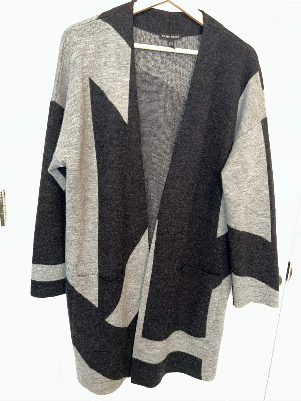 Eileen Fisher Black & Gray Open-Front Geometric Knit Merino Wool Cardigan Medium